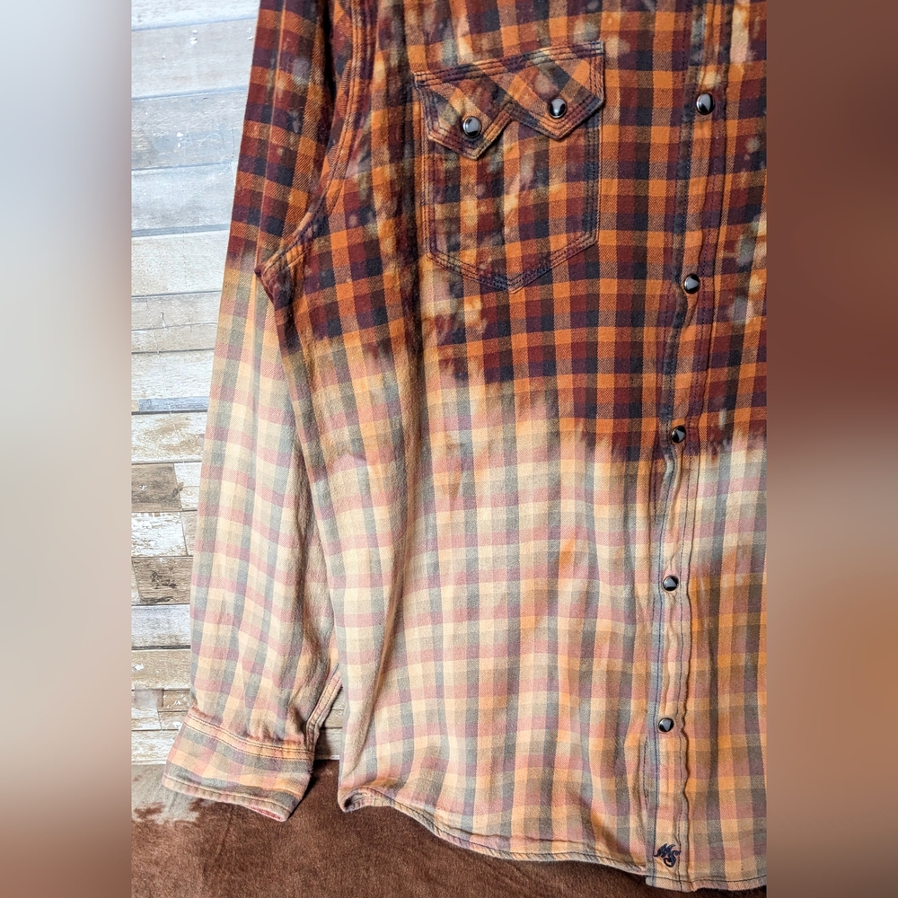 Def Leppard Upcycled Dip Dye Bleach Flannel Shirt - Picture 14 of 15
